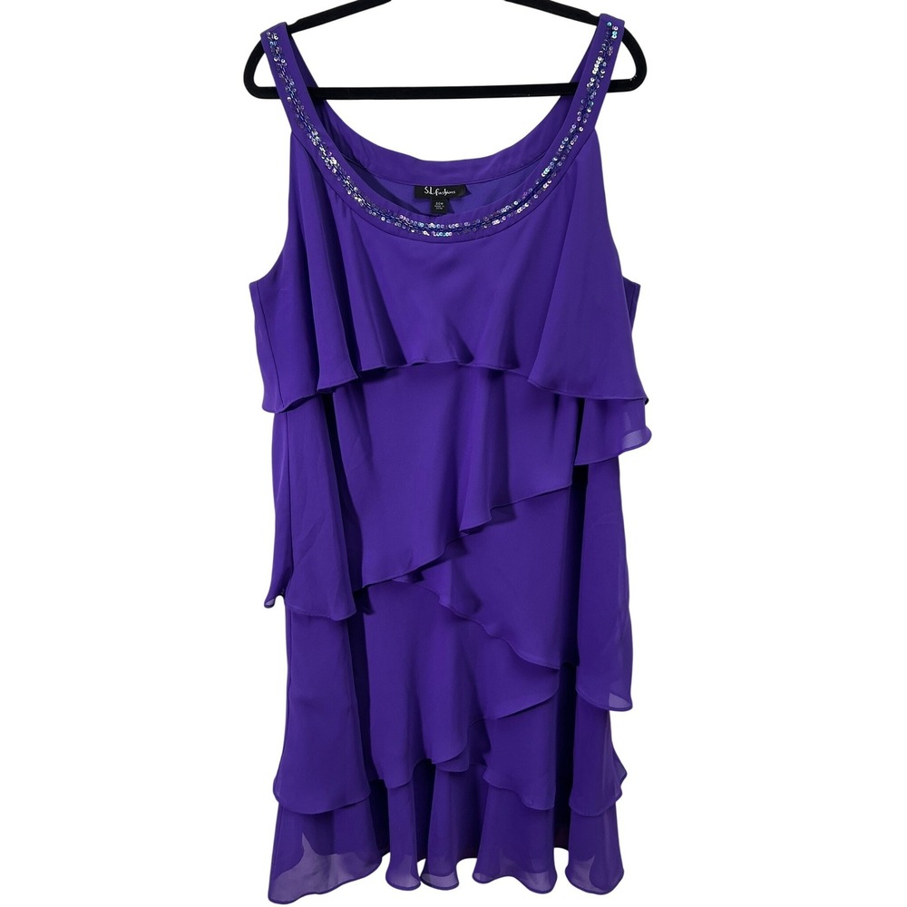 SL Fashions Y2K Tiered Ruffle Dress 20W Cocktail Embellished Purple Chiffon